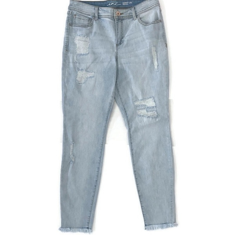 INC High waisted Skinny Leg Raw Hem Light Wash Distressed size 10 Jeans